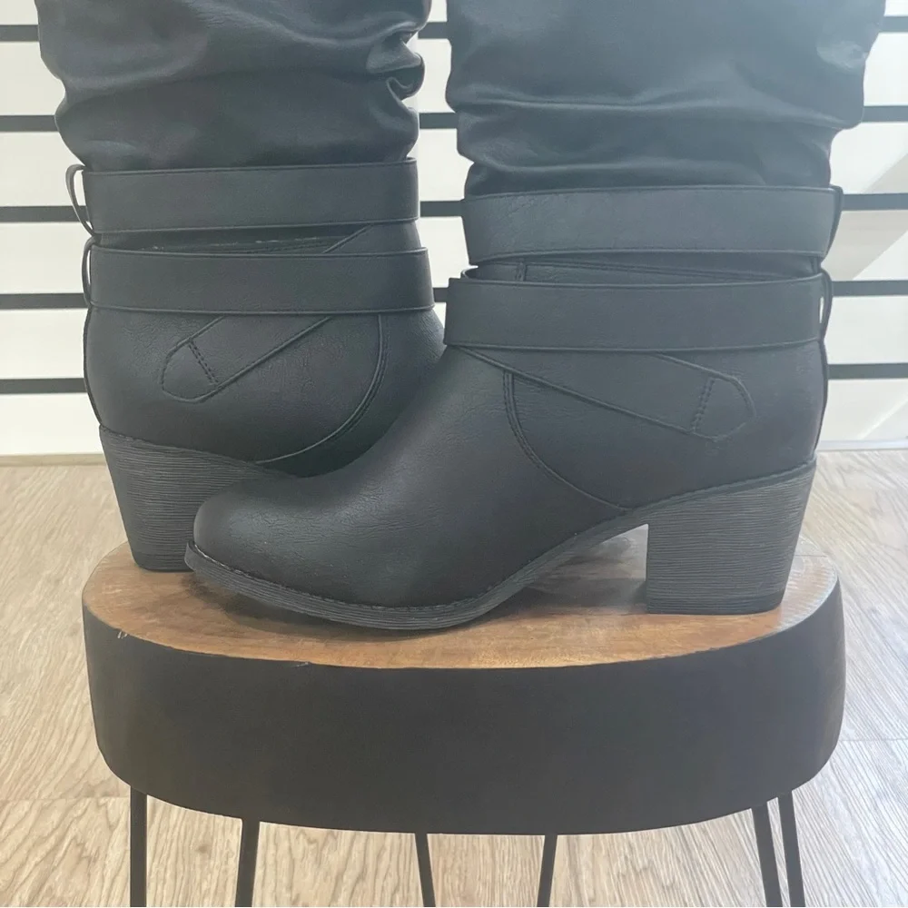 Black, vegan faux leather double buckle block heel knee-high boots